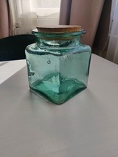 Heavy Vintage Recycled Green/Blue Glass Jar with Cork, Spain, 16cm x 13cm x 13cm