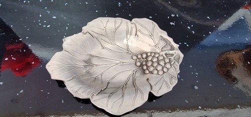 Vintage pewter leaf dish - leaf, grape