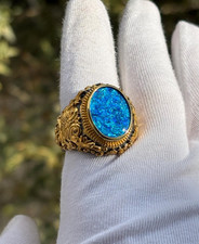 Opal 925 Sterling Silver Men’s Ring, Bold Vintage Style, Blue Opal Signet Ring