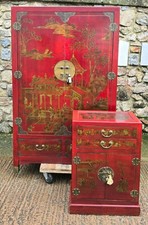 Vintage Red & Gold Chinese Laquered Wedding Cabinet & Bedside Table, Chinoiserie
