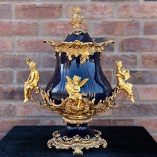 A Large Cobalt and Brass Gilded Continental Style Porcelain Vase 52cm Tall