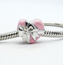 Pink Love Heart & Bow Charm Bead Genuine 925 Sterling Silver 💖
