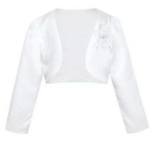 UK Girls Long Sleeved Bolero Shrug Wedding Satin Open Front Flower Girl Cardigan