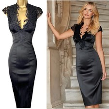 KAREN MILLEN ✩ VINTAGE BLACK SATIN VICTORIAN LACE CORSET PENCIL DRESS ✩ UK 12