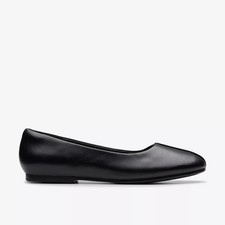 Clarks Signature Livia Lily Black Leather Flat Pump Shoes with Cushion Insoles