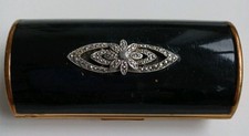 Vintage Art Deco Black Enamel Compact, Marcasite decoration. lipstick cosmetics.
