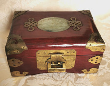 VINTAGE, JAPANESE, WOODEN JEWELLERY BOX, WITH BRASS DECORATION AND JADE INLAY