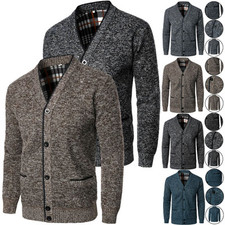 Mens Fleece Lined Thermal Knitted Button Up Cardigan Warm V Neck Winter Sweater