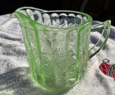 VERY NICE ART DECO GREEN FLORAL PATTERN GLASS MILK JUG