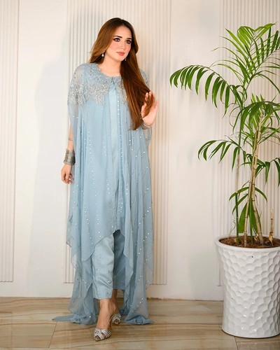 Blue chiffon chikankari - blue,