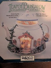Enesco Teapot Bungalow Lights Moving Music Box Oh What a Beautiful Morning Boxed