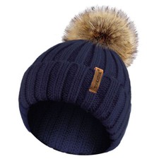 LADIES WOMENS WINTER KNITTED BEANIE SKI HAT DETACHABLE FAUX FUR BOBBLE POM POM