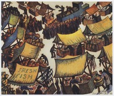 Market Day Stalls Fresh Fish Sybil Andrews print in 11 x 14 inch mount SUPERB