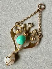 ANTIQUE EDWARDIAN ART NOUVEAU 9ct GOLD TURQUOISE BAROQUE PEARL LAVALIER PENDANT