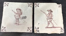 Rare Antique Set Of 2 Delft Tiles 5” Square Soldier Decoration