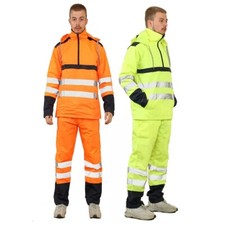 Men's Hi Vis Hooded Waterproof Rainsuit Workwear Jacket & Trousers Set