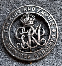 VINTAGE SILVER WAR BADGE FOR KING & EMPIRE SERVICES RENDERED PIN BADGE (SEE DESC