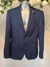 TED BAKER Suit Jacket Blazer Mens Size 40R Blue Herringbone Wool Slink Linen NEW