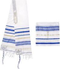XL Blue Messianic Tallit Prayer Shawl Tzitzit Jewish Christian Scarf Man Woman