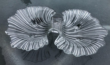 Vintage Ornate Footed Glass Divider 2 Compartment Leaf Design Dish / Bowls