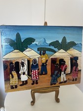 Haitian Naïve Oil Painting Canvas Vintage Colourful Tribal Village People Signed