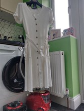 Cream Button Down V Neck Short Sleeve Linen Mix Dress Size 14 holiday