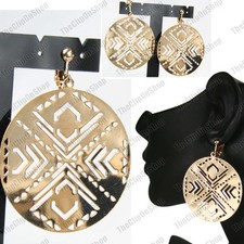 CLIP ON mirror AZTEC  CUTOUT metal DISC geometric EARRINGS gold/silver fashion