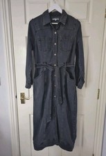 Oliver Bonas Denim Dress Size 12 Long Sleeves Snap Front Midi Tie Belt Grey 