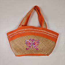 Etam Sequin Butterfly Straw Tote Bag - Orange Trim, Summer Beach Shopper