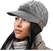 Ladies Peaked Knitted BEANIE HAT Ear Warmers with Peak Cap Thermal Warm Thick