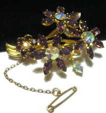 Vintage Purple Glass Crystal Brooch Pin with safety chain Art Deco, Gorgeous