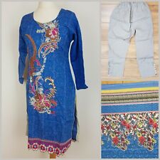 Shalwar Kameez Suit 36 UK 8 Blue Gold Embroidered Dupatta Cotton Z