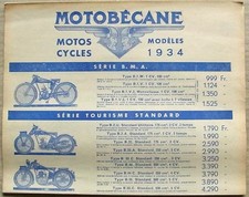 MOTOBECANE MOTORCYCLES & BICYCLES Sales Leaflet Price List 1934 FRENCH TEXT