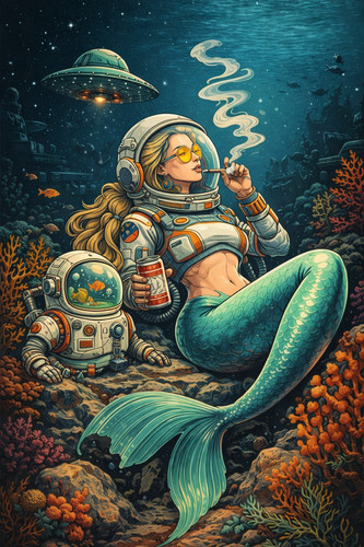 Mermaid astronaut smoking - mermaid,