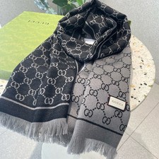 GUCCI Scarf GG Jaquard Pattern Shawl Scarf 100% Wool Gray and Black