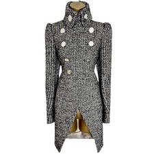 Karen Millen Vintage 12 UK Black White Asymmetric Wool Winter Pea Coat