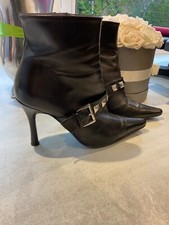 BERTIE BLACK LEATHER ANKLE BOOTS 4UK/37 EU 8CM HEELS, WITH STUD/BUCKLE - FAB CON