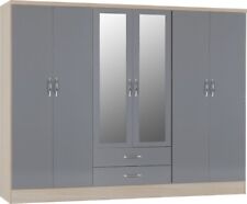 NEVADA LIGHT GREY OAK & GREY GLOSS 6 DOOR 2 DRAWER MIRRORED WARDROBE