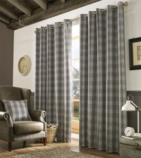Grey Cream Tartan Check Plaid Eyelet Curtain Pair 46x72 Inch Fully Lined