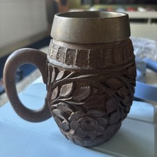 Carved wooden/brass deceptive tankard antique VGC