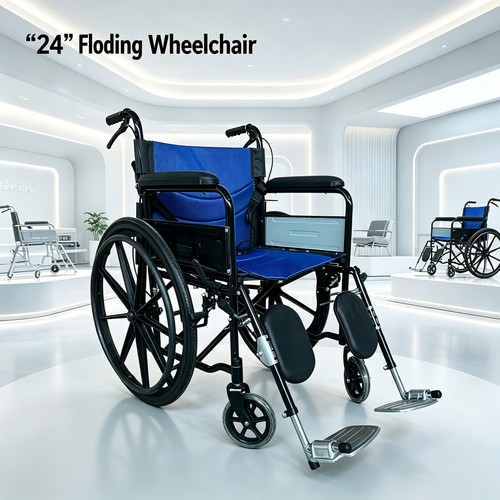 Blue manual folding wheelchair - blue,