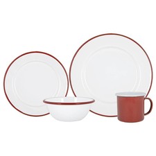 16 Piece White Enamel Dinner Set Metal Camping Plates Bowls Mugs for 4 Red