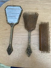 Vintage Gilt Brass Filigree & Petit Point Embroidered Floral Dressing Table Set