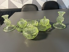 Vintage Art Deco Uranium Vaseline Glass 7 Piece Daisy Vanity Dressing Table Set