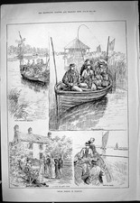 Old Print 1887 Bream Fishing Norfolk Wroxham Bridge Rowing Boats Theatre 19th