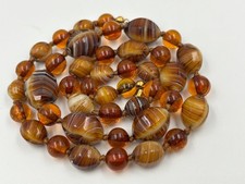 Vintage Jewellery Brown Striped & Amber Glass Bead Hand Knotted Necklace