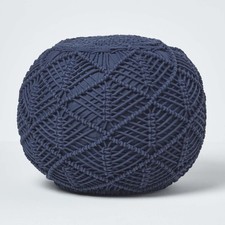 Navy Blue Macrame Pouffe – 35x40cm Crochet Cotton Footstool, Filled & Braided