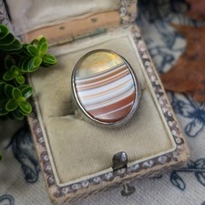 Vintage Sterling Silver Banded Agate Ring, Chunky Signet