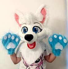 HEWOOJ White Fox Dog Fursuit Head Blue Mascot Costumes Halloween Christmas