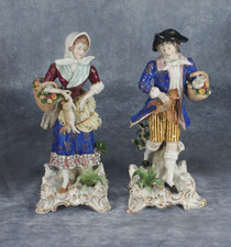 Antique Naples Capodimonte Matched Pair Hunting Man & Woman With Fruit & Game